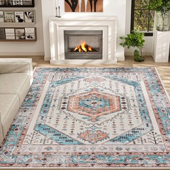 8×10 Area Rug, Vintage Machine Washable Rug for Bedroom, Brown Blue