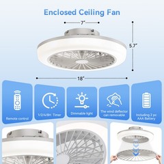 Modern Low Profile Enclosed Led Ceiling Fan 3 Colors Dimmable 6 Speeds Timing