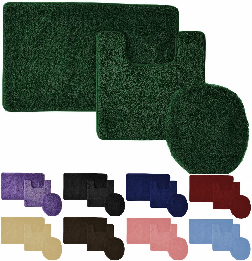 Solid 3-PC Bathroom Rug Set – Bath Mat + Contour Rug + Toilet Lid Cover