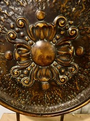 Beautiful Large Ornate Metal Medallion on Stand Ombre Brown Hammered Decor 26.5”