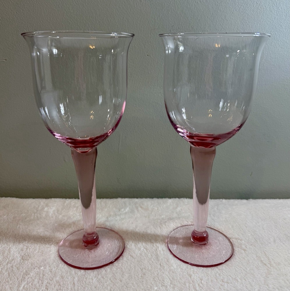 VTG La Mediterranea Spanish Ombré Pink Handblown 10 oz Wine Glasses, 9.5”, Set/2