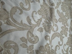 Linen Source 90” Round Tablecloth Beige & Tan w/Silver Threading Floral Jacquard