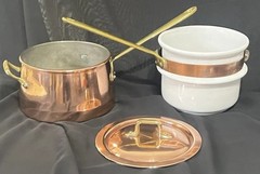 Vintage Copral Portugal Copper Double Boiler Sauce Pan Pot w/Lid Brass & Handles