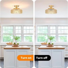 Vintage Gold Semi Flush Mount Ceiling Light with Amber Glass, 3-Light E12
