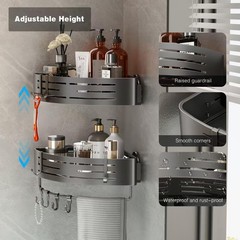 Aluminum Corner Shower Caddy Suction Cup, 2-Tier Shower Shelves with 8 Hooks