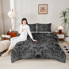 Adults Black Damask Bedding Comforter Sets Antique Victorian Baroque Queen Comfo