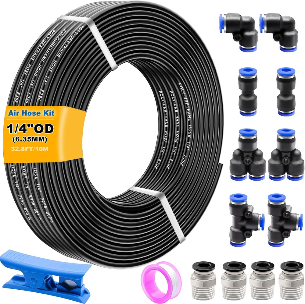 Air Line Tubing Kit,1/4″ Air Hose,1/4″ (6.35MM) OD 32.8FT Polyurethane PU Air