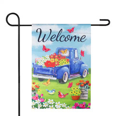 12.5 In. X 18 In. Welcome Blue Pickup Truck with Flowers Outdoor Garden Flag
