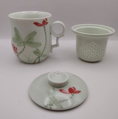 Teavana Porcelain Fine China Floating Lotus Blossom Teacup Infuser Mug 4 Pc. Set