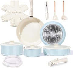 Light Blue Ceramic Nonstick Cookware Set 19pcs – Oven Safe