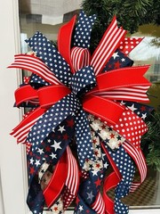 XL Handmade Red White Blue Patriotic 4th Memorial Day Wreath Lantern Bow Decor