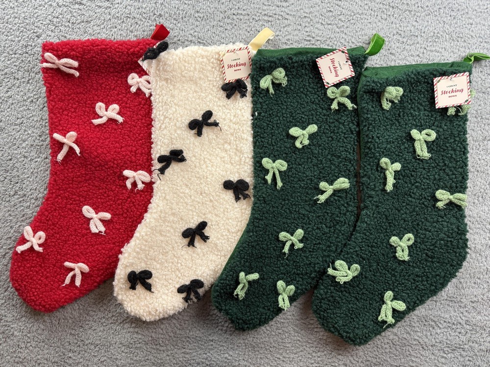 Sherpa Fleece Christmas Stockings Set 4 Bows Red Green White Large Cozy Decor