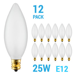 12 Pack Chandelier Torpedo Tip B10 Bulbs 120V 25W Candelabra E12 Frosted 2700K