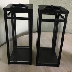 Black Metal Lg 15.5in Glass Panels 2 Set Hanging Candle Lanterns Door PRISTINE