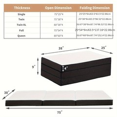 4-Inch Tri-Fold Memory Foam Folding Mattress Topper Portable for Camping, Guest