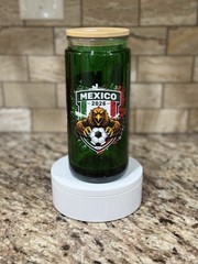 Green Glass Cup Tumbler w/ Wooden Lid, Mexico Soccer Decor, Eagle, Round