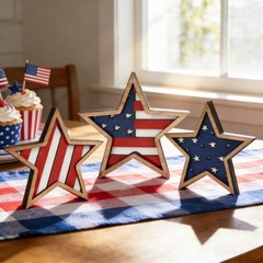 3Pcs Patriotic Wooden Star Decor American Flag Tabletop Ornament for 4th of July