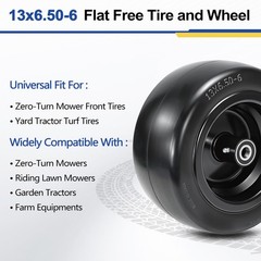 2 Pcs 13×6.50-6 Flat Free Lawn Mower Tire and Wheel, with 3/4″ Bearings & Extra