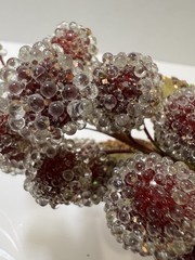 Vintage Sugared Beaded Red Faux Grapes 3 Bundles 7” MCM Glitter Green Leaves