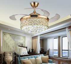 42″ Luxury Crystal LED Chandeliers Remote Control Retractable Ceiling Fan Light