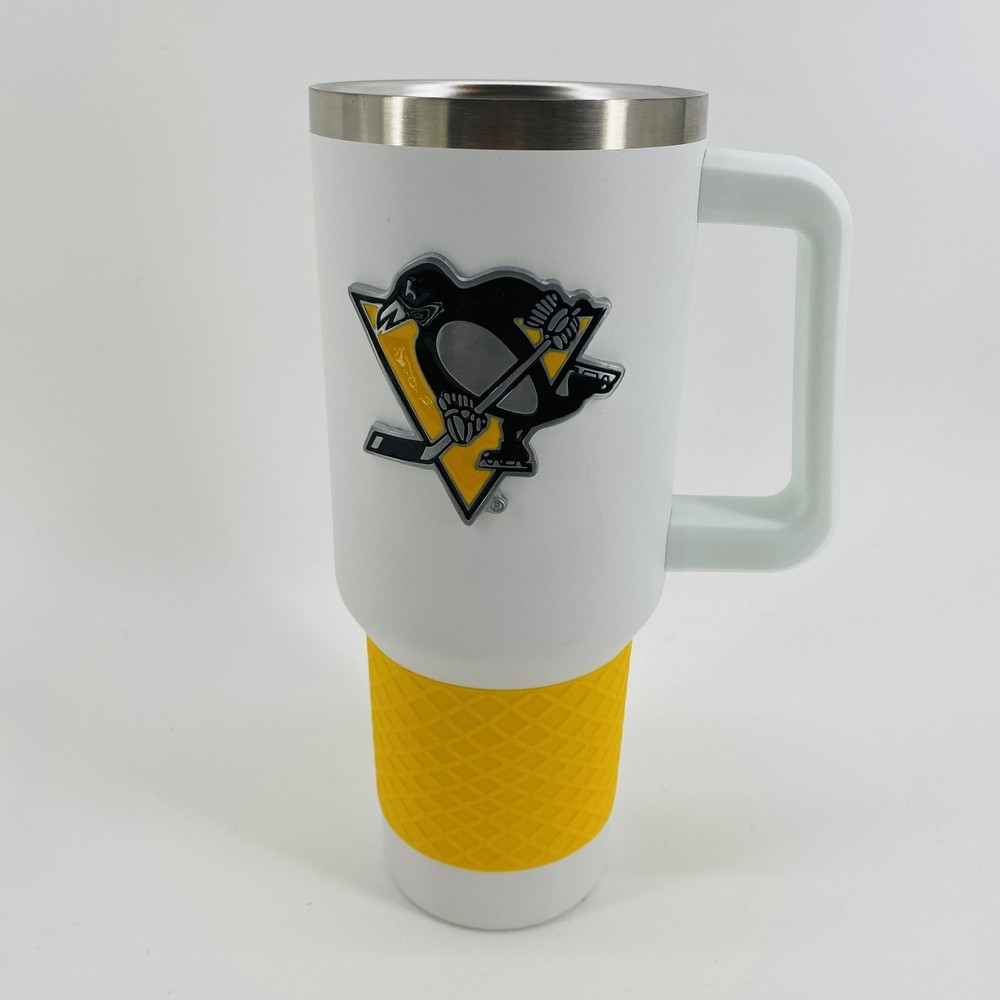 NHL Pittsburgh Penguins 40oz Insulated Travel Mug Tumbler w/ Handle White Yellow