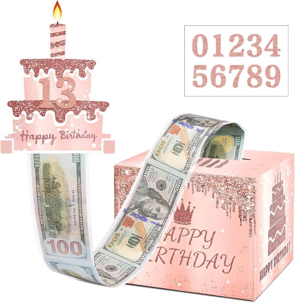 Birthday Money Pull Box for Cash with DIY Self-Adhesive Stickers for Any Age,