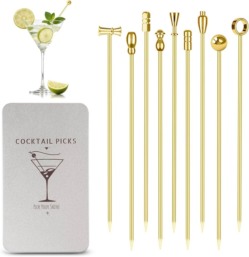 Metal Martini Cocktail Picks Gold, Skewers for Olive 4.2 in to 4.38 in, Stainles
