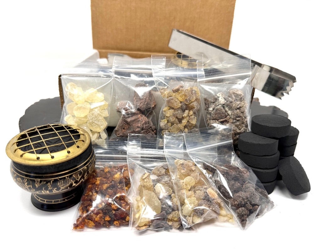 Resin Incense Starter Kit: Set of 8 Resin Sampler, Burner, Charcoal & Tongs