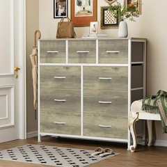 9 Storage Drawer Dresser for Bedroom Tall Wood Dresser with Fabric Storage Tower