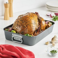 Farberware Bakeware Roasting Pan 10.5×15 Gray Non-Stick with Flat Removable Rack