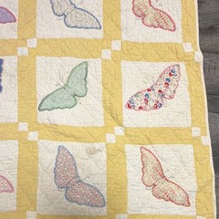 Patchwork Quilt Yellow & White w/ Multicolor Butterfly Squares Coverlet 63” x 73