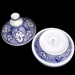TAGINE Hand Painted Blue on White Tunisian Cooking Pot 48 Oz. 11″ 2-4 Servings