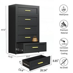 Metal Dresser for Bedroom Black 5 Drawer Closet Dresser Storage