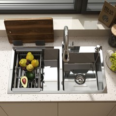 Silver Kitchen Sink Stainless Steel Double Bowl Drop In Top Mount Workstation