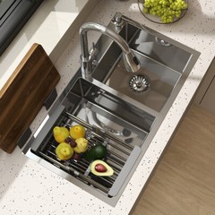 Silver Kitchen Sink Stainless Steel Double Bowl Drop In Top Mount Workstation