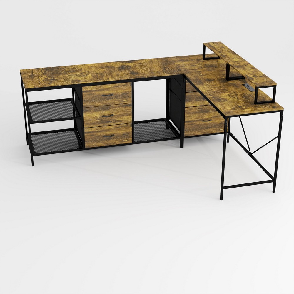 9.5FT L-Shaped Home Office Computer Desk 6 Drawers Monitor Stands Power Outlets