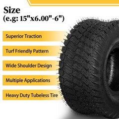 2 * 15×6.00-6 Lawn Mower Garden Tractor Turf Tires 4 Ply Tubeless 15×6-6 15x6x6