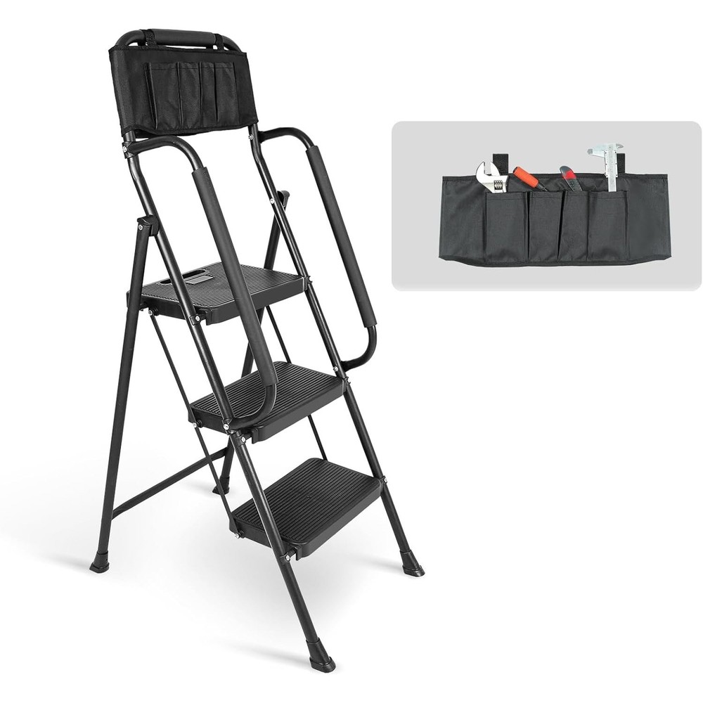 3 Step stool Ladder with Handrails 500 lbs folding Attachable Tool
