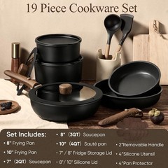 19-Piece Non-Stick Cookware Set with Detachable Handle & Induction Compatibility