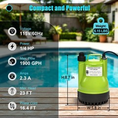 FLUENTPOWER 1/4HP Utility Pump 1900GPH Submersible Sump Pump With Manual Control