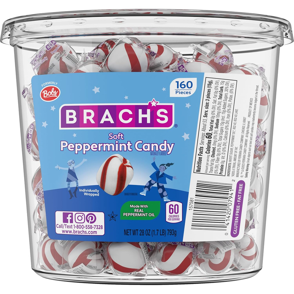 Bobs Sweet Stripes Soft Peppermint Candy, 160 Individually-Wrapped Pieces, 28 Ou