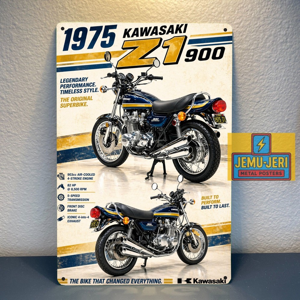 1975 Kawasaki Z1 900 Motorcycle Metal Poster 30x20cm Sign