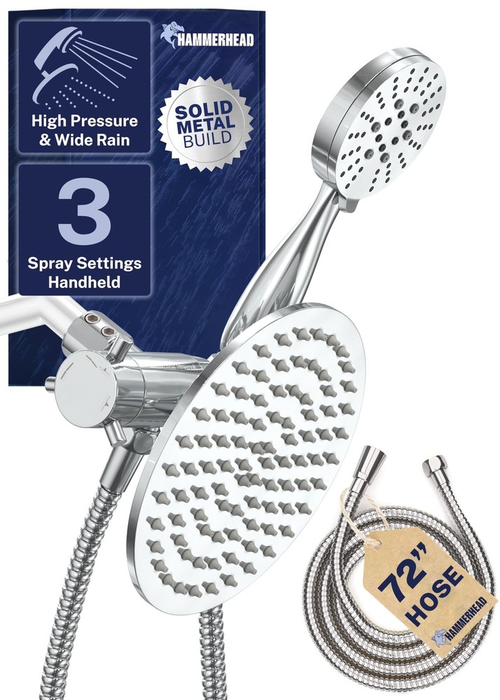 HammerHead Showers Dual Shower Head Combo, 8-Inch 2.5 GPM, Polished Chrome