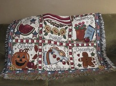 Tapestry Throw Afghan Blanket AMERICANA 12 Months Calendar Seasons VINTAGE