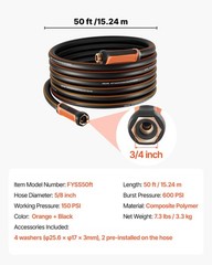 VEVOR Garden Hose 50ft 5/8″ Rubber Water Hose 3/4″ Fitting Heavy Duty & Non-kink