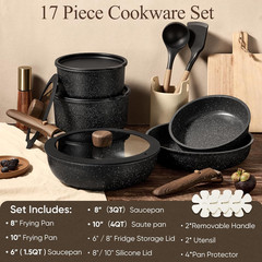 17pcs Non Stick Cookware Set with Detachable Handle, Induction & Oven Safe