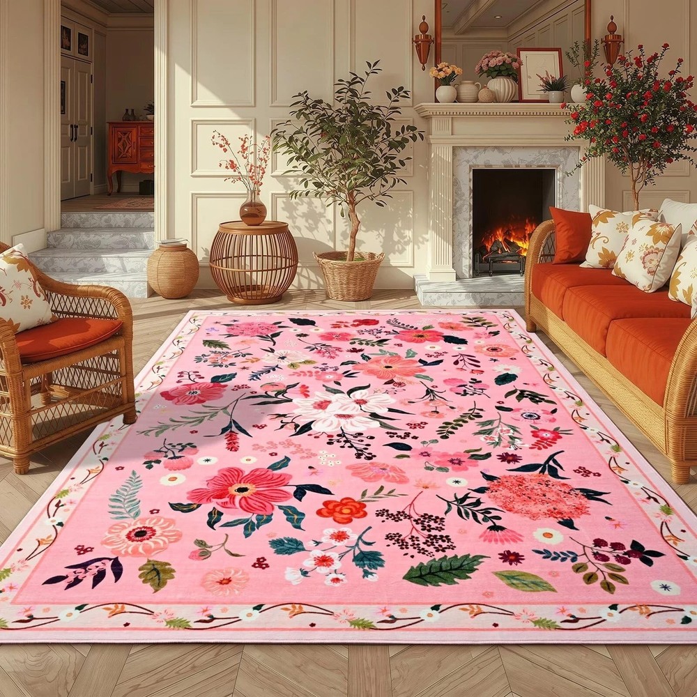 5×7 Pink Floral Rug for Living Room, Machine Washable Area Rugs with Non Slip…