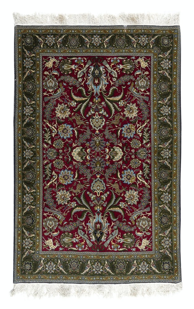 4.6×7 Ft Hand Knotted Turkish Rug in Red & Green with Floral Botanical Design