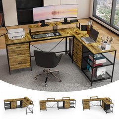 9.5FT L-Shaped Home Office Computer Desk 6 Drawers Monitor Stands Power Outlets