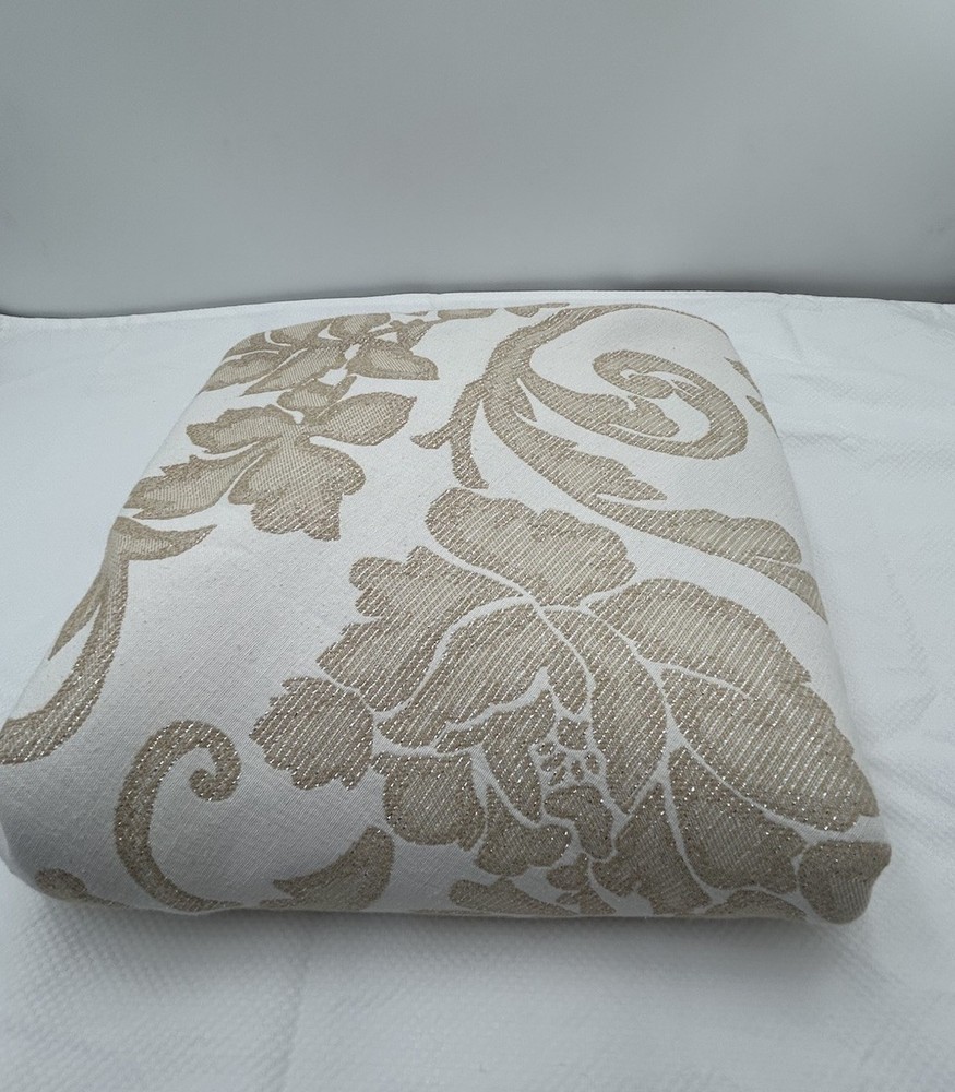 Linen Source 90” Round Tablecloth Beige & Tan w/Silver Threading Floral Jacquard